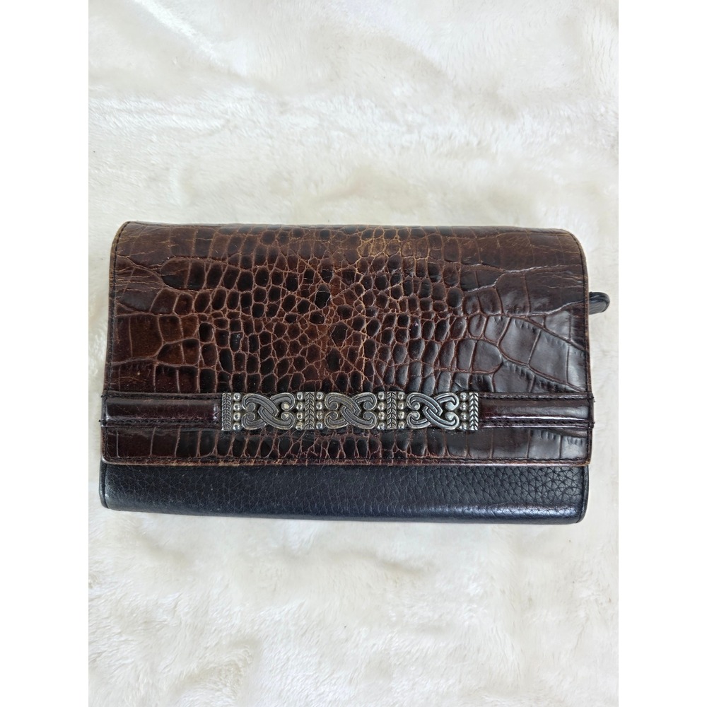 Brighton Womens Brown Croc Embossed‎ Black Leather Tri Fold Wallet Snap Closure